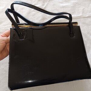 Vintage Theodor California Purse Evening Black Patent Leather Top Handle Clasp